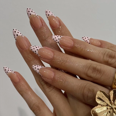 French Pink Polka Dot Press On Nails Almond Shape Glossy Artificial Fake Finger Nails Removable Elegant Manicure Tool