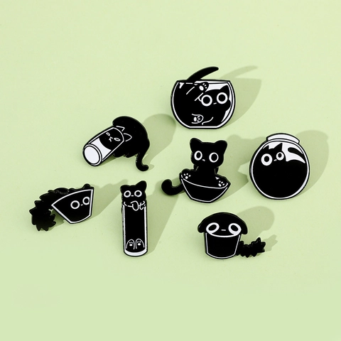 Lustige Cartoon Schwarze Katze Brosche Persönlichkeit Legierung Emaille Pin Süße Katze In Behälter Revers Abzeichen Für Taschen Kleidung