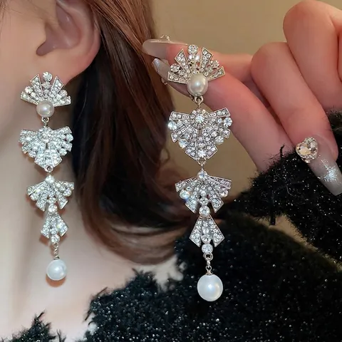 Lange Hängeohrringe Mit Silver Earring Post Legierung Straß Bogen Mehrlagiger Fächer Künstliche Perle Eleganter Schmuck Für Damen