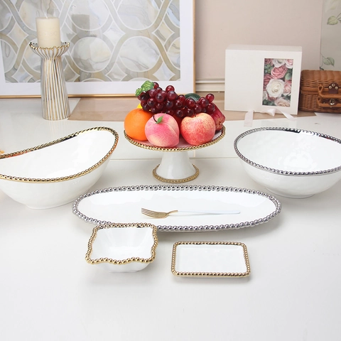 Vaisselle En Céramique Blanche Bordure Perlée Dorée Assiettes Rondes Carrées Bols Porcelaine Luxe Mariage
