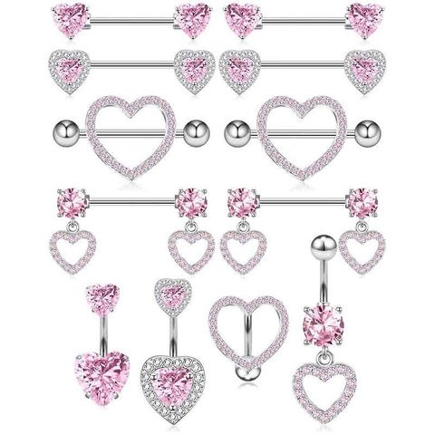 Pink Heart Rhinestone Navel Piercing Nipple Ring Set Stainless Steel Heart Shaped Belly Button Ring Body Piercing Jewelry For Unisex
