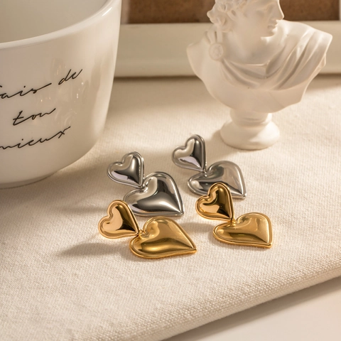 Pendientes Colgantes De Doble Corazón Acero Inoxidable Chapado En Oro De 18K Pulido Espejo Joyería Elegante Para Mujer
