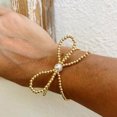 Bracelet Nœud Papillon en Perles de Métal Doré Minimaliste Vintage Avec Perle Artificielle Bijoux Femme pour Fête Mariage