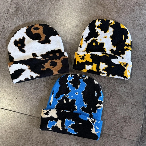 Knitted Beanie Hat Cow Leopard Print Acrylic Warm Winter Vintage Fashion Cuffed Elastic Headwear Women Men