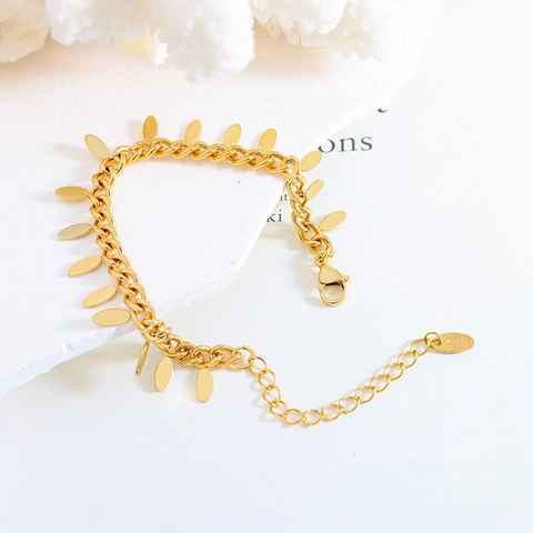 Thai Style Minimalist Oval Leaf Tassel Charm Bracelet Titanium Stainless Steel Plated Gold Adjustable Link Chain For Women Elegant Accessory