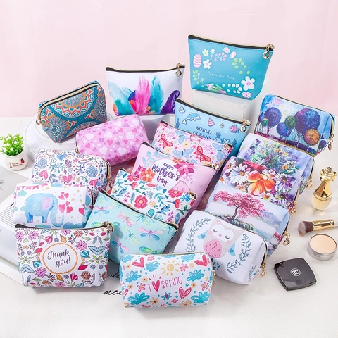 Large Capacity Makeup Bag PU Leather Waterproof Floral Print Travel Toiletry Organizer Portable Zipper Pouch Bags