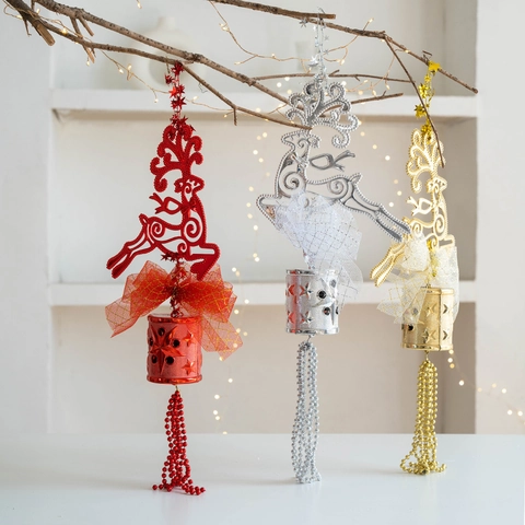 Decorazione Natalizia Appesa Renna Campanello Plastica Fiocco Glitter Nappa Perline Ornamento Festivo Casa