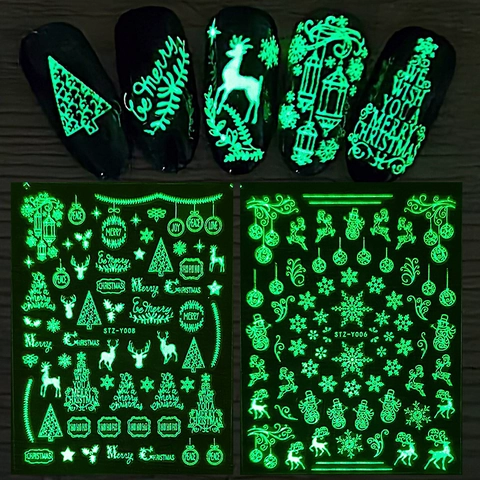 Autocollants Ongles Lumineux Noël Brille Dans Le Noir 3D Autocollant Flocons De Neige Renne Décoration Manucure Hiver