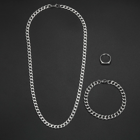 Hiphop Panzerkette Halskette Armband Und Ring Edelstahl Polierter Schmuck Mode Für Herren Damen