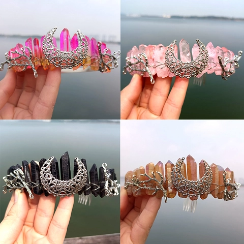 Natural Crystal Tiara Crown Alloy Moon Tree Branch Bridal Hair Comb Headband Bohemian Mystical Party Headpiece Women