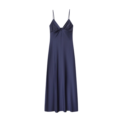 Women Maxi Dress Satin Polyester V Neck Spaghetti Strap Gathered Knot Elegant Long Casual Evening Party