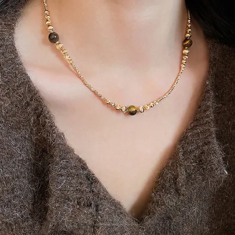 Vintage 18K Gold Plated Copper Tiger Eye Stone Beaded Necklace Retro Clavicle Chain For Women Fashion Jewelry