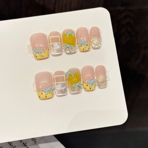 Handmade Press On Nails Pink Yellow Bowknot Design Sweet Style 3D Butterfly Almond Fake Nails Set For Women Daily Art Jewelry