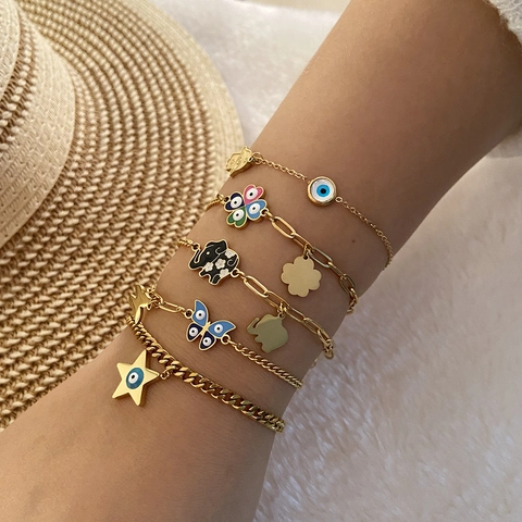 Evil Eye Stainless Steel Charm Bracelet For Women Gold Plated Enamel Butterfly Star Elephant Hamsa Adjustable Jewelry