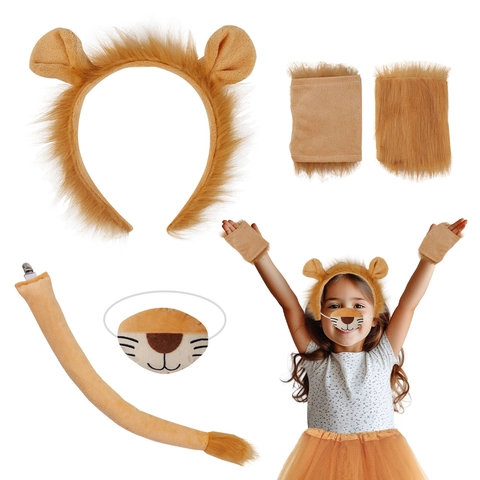 Lion Ears Headband Tail Tutu Skirt Plush Faux Fur Animal Costume For Kids Halloween Cosplay Party Dress Up Accessories