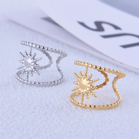 Anello Aperto Vintage in Acciaio Inossidabile con Sole e Stella per Donna Doppio Strato Perline Acciaio al Titanio