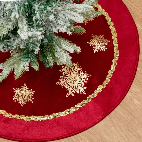 Jupe De Sapin De Noël En Velours Rouge Avec Flocon De Neige À Paillettes Dorées Décoration De Fête Ronde