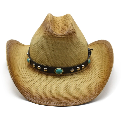 Western Cowboy Paper Straw Hat Vintage Wide Brim Sun Protection Ethnic Leather Band Turquoise Rivet Summer Beach Travel