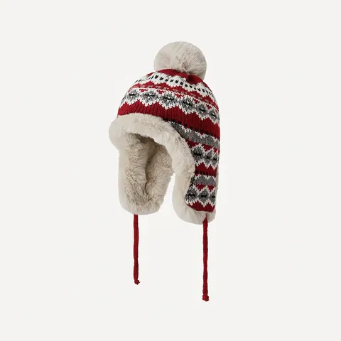 Dames Winter Gebreide Trapperhoed Met Kunstbont Voering En Pom-Pom Etnisch Patroon Warme Oorkleppen Aviator Pet Buiten