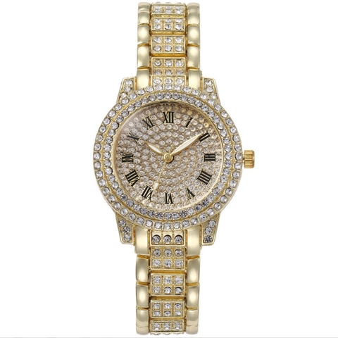 Luxury Women Bling Rhinestone Quartz Watch With Matching Bracelet Necklace Earrings Ring Iced Out Roman Numerals Dial Alloy