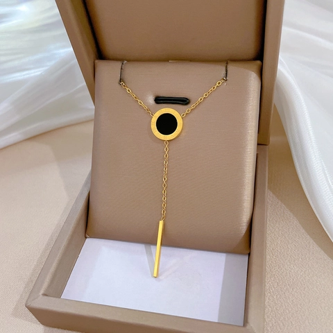 Stainless Steel Necklace Y-Shaped Roman Numeral Ring Long Bar Pendant Minimalist Jewelry For Women Clavicle Chain