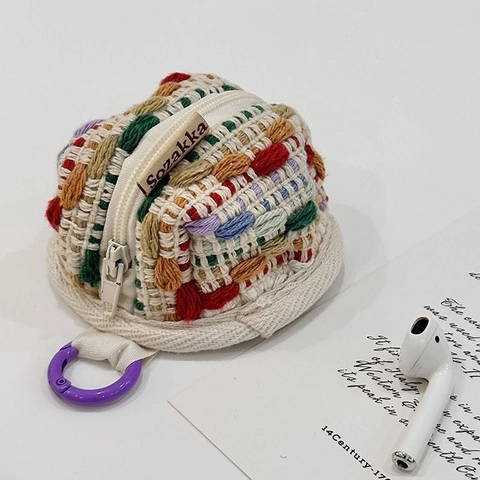 Custodia Per Auricolari In Maglia Uncinetto Colorato Mini Portamonete Con Gancio Borsa Portaoggetti Con Cerniera Donne