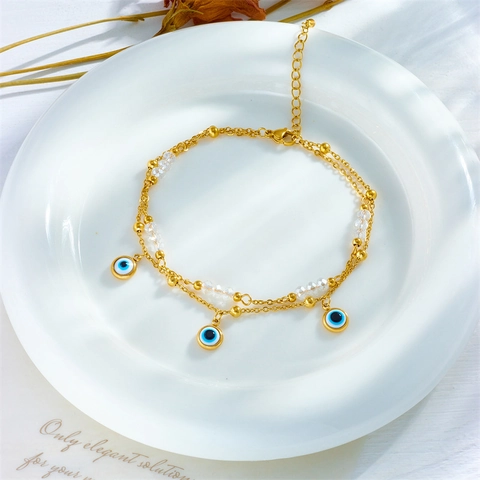 Bohemian Gold Plated Stainless Steel Evil Eye Layered Anklet For Women Beaded Chain Beach Style Ethnic Fashion Jewelry