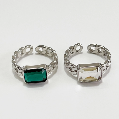 Adjustable Open Ring 925 Sterling Silver Rectangular Zircon Emerald Cut Chain Link Design Retro Modern Style