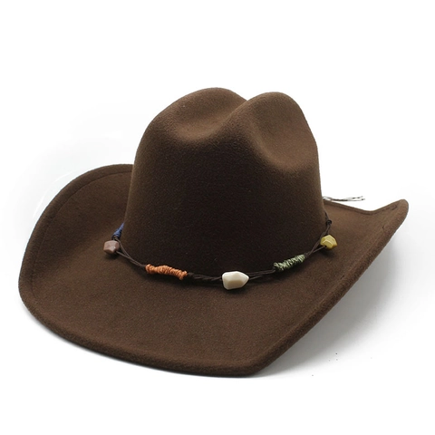 Chapeau De Cow-boy Western En Feutre Fedora À Bord Large Avec Cordelette Décorative En Perles De Pierre Style Bohème
