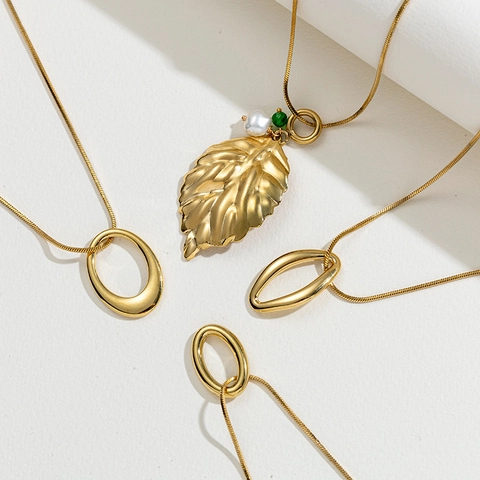 Collana Con Pendente Minimalista In Acciaio Inossidabile Catena A Serpente Dorata Motivi Geometrici Foglia Ovali Per Donna