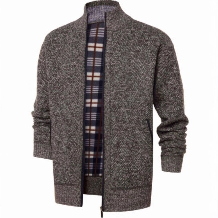 Men Knitted Cardigan Jacket With Plaid Fleece Lining Stand Collar Full Zip Slim Fit Thick Warm Casual Sweater Outerwear