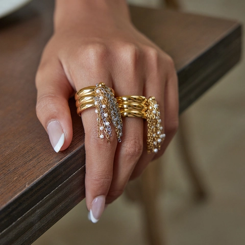 Mode Quaste Ring Edelstahl Kette Fransen Kunstperle Offen Verstellbar Schmuck Für Frauen Gold Silber Ton