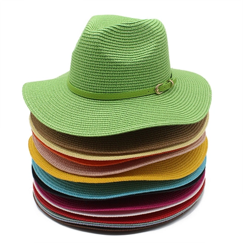 Women Fedora Straw Hat Wide Brim Sun Protection Breathable Beach Vacation Summer Panama Hat With Faux Leather Belt Buckle