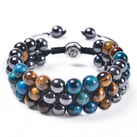 Triple Layer Natural Tiger Eye Hematite Obsidian Stone Beaded Woven Bracelet Adjustable Unisex Protection