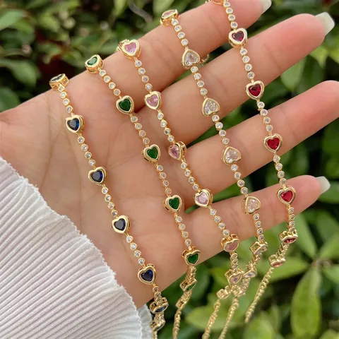 Heart Shaped Colorful Cubic Zirconia Bracelet For Women 18K Gold Plated Copper Adjustable Chain Dainty Jewelry