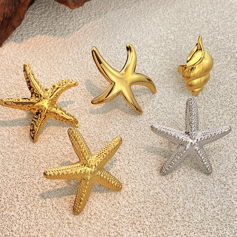 Anelli Aperti in Acciaio Inossidabile a Forma di Stella Marina e Conchiglia per Donna Placcato Oro 18K Stile Marino Regolabile