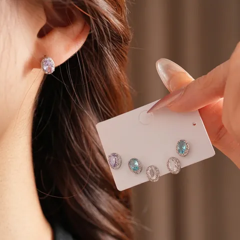 Orecchini A Lobo Halo In Zircone Ovale Rame Con Perno In Argento Pietre Preziose Colorate Accessorio Di Moda Elegante Per Donna