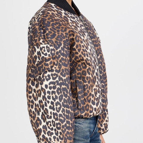Damen Bomberjacke Mit Leopardenmuster Gepolstert Reißverschluss Stehkragen Rippstrickbündchen Langarm Mode Mantel