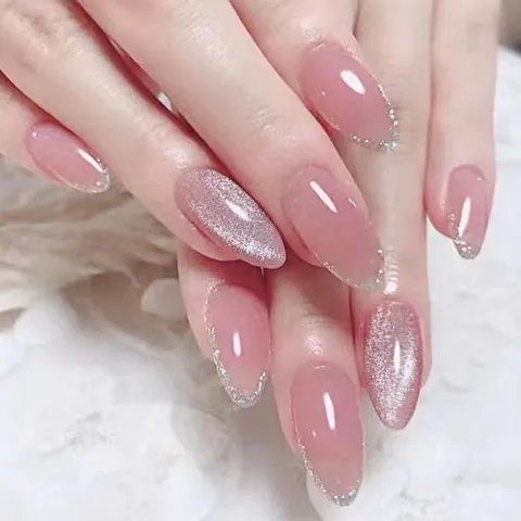 Cat Eye Press On Nägel Rosa Silber Glitzer French Tip Mandel Künstliche Falsche Fingernägel Glänzend Maniküre