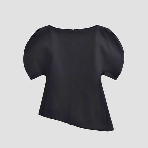 Dames Zwarte Blouse Korte Pofmouwen Asymmetrische Zoom Boothals Polyester Elegant Chic Top