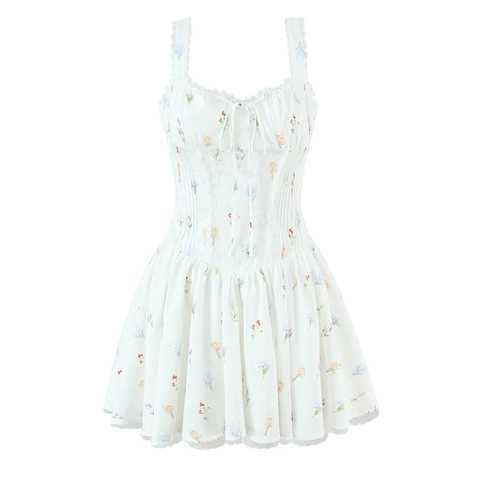 French Style Floral Mini Dress Camisole Lace Trim Drawstring Sweet High Waist Sleeveless For Women