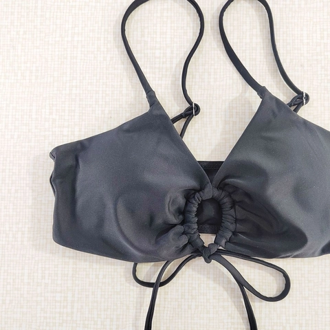 Halter Bikini Top And Bottom Ruched Ring Detail Nylon Solid Color Swimsuit For Women High Waist V Cut Beachwear