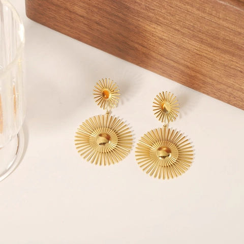 Double Layer Sunburst Drop Earrings 18K Gold Plated Stainless Steel Radial Geometric Vintage Style For Women