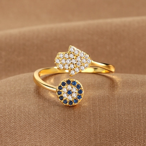 Boho Copper Hamsa Hand Evil Eye Open Ring For Women Adjustable Blue White Zirconia Inlaid Protection Finger Ring Jewelry Gift
