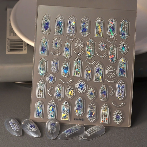 5D Embossed Nail Art Stickers Holographic Laser Retro Stained Glass Window Flower Design Waterproof DIY Manicure Decoration
