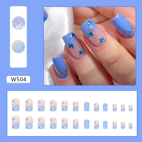 Press On Nails Light Blue Gradient Butterfly Pattern Silver Glitter Glossy Finish Square Shape False Nails For Women Sweet Ins Style