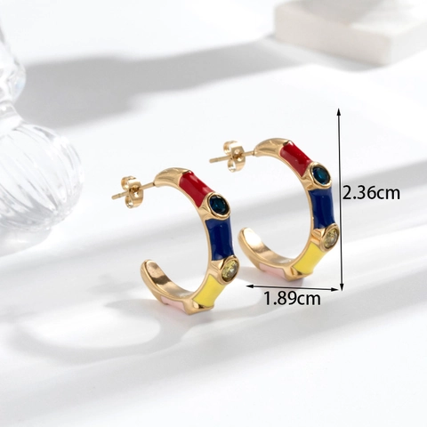 Titanium Steel French Vintage C-Shaped Earrings For Women Enamel Strawberry Pendant Rhinestone Stainless Steel Earring Post Jewelry