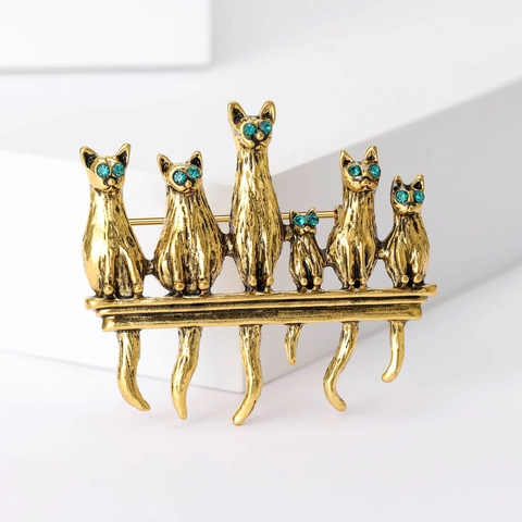 Spilla in Lega Vintage Gatto per Donna Design a Sei Felini Occhi in Strass Pin Badge Accessorio Moda Abbigliamento Gioielli