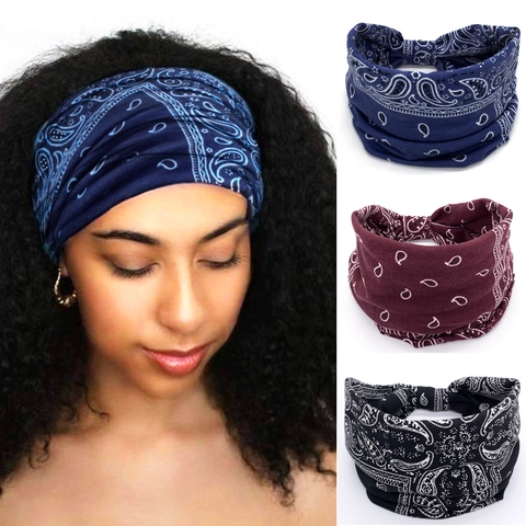 Women Paisley Leopard Floral Print Headband Elastic Cotton Blend Fabric Wide Hair Band Turban Yoga Sports Bohemian Style