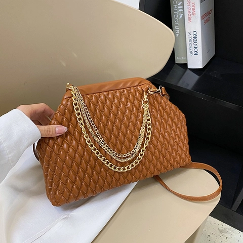 Borsa A Tracolla Trapuntata Da Donna Mano Pelle PU Pieghe Decorazione Catena Dorata Elegante Retro Sera Spalla